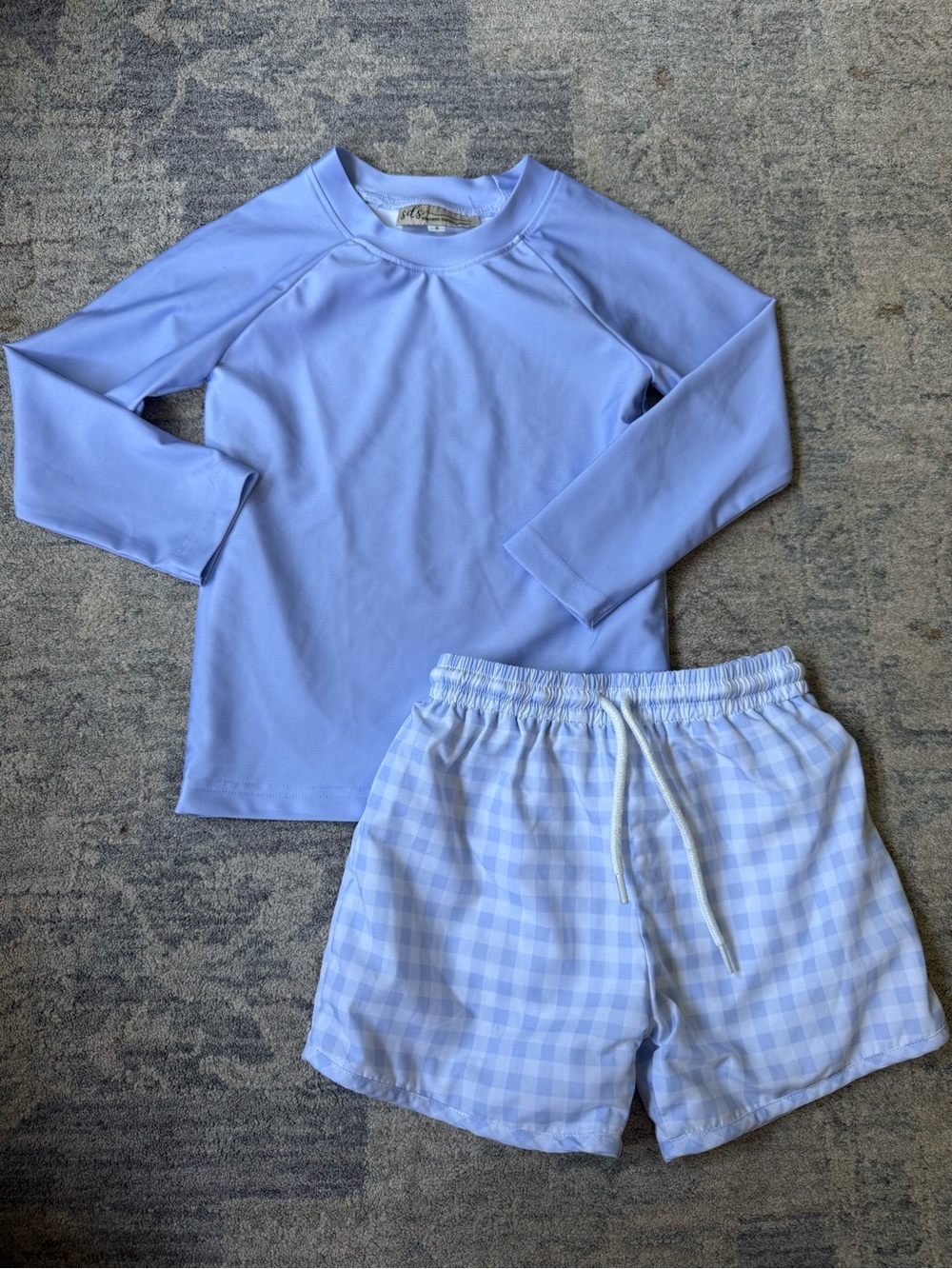 Southern Darlin Smocks Boys 2pc Long Sleeve Rash Guard & Gingham Swim Shorts